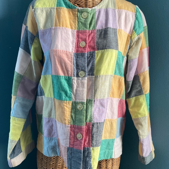 Orvis Vintage Patchwork Shirt Jacket Collarless Lined 100% Cotton size 8 - Picture 2 of 14